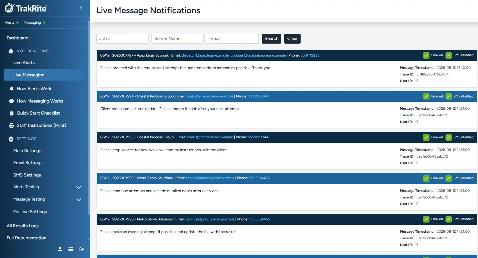 Live message notifications sent to servers with email and SMS delivery tracking.